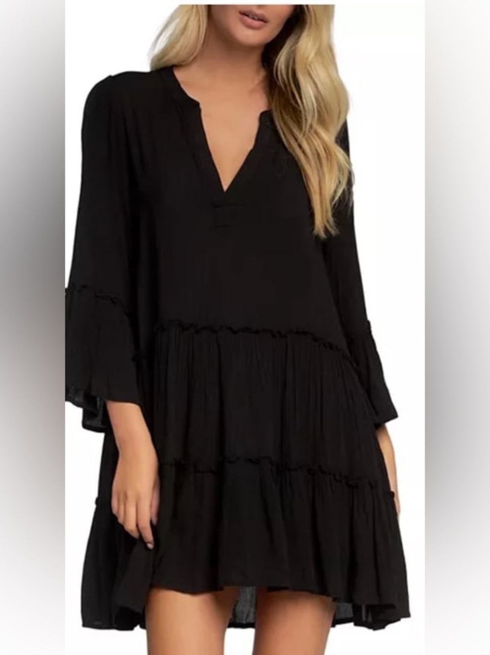 Elan Black Tiered V-Neck Swim Coverup (M)